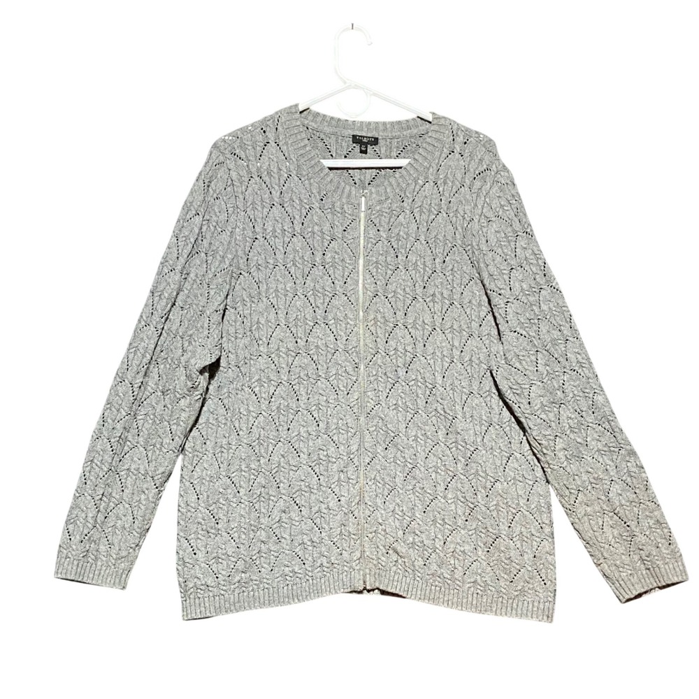 Talbots Plus 2X Gray Cable Knit Full Zip Cardigan Sweater Cotton Wool Cashmere